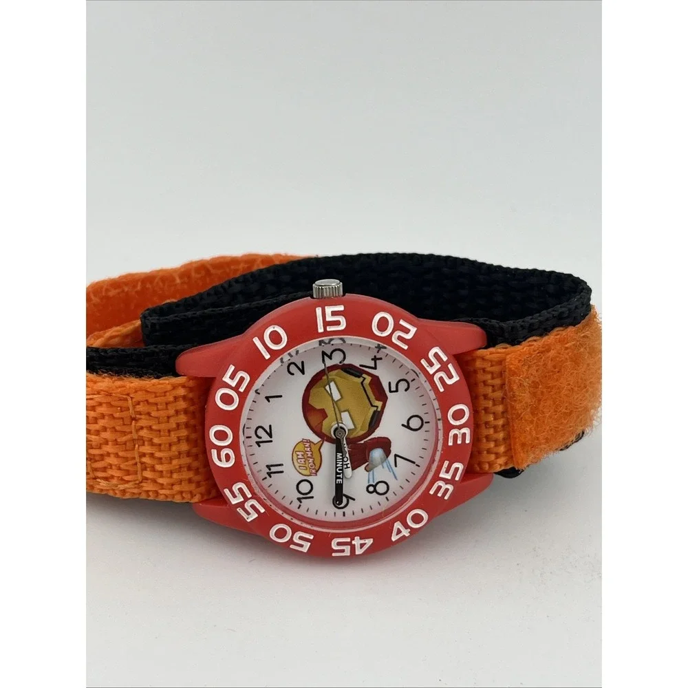 Marvel Emoji Ironman Kids Watch Time Teacher Orange/Black Nylon Band New Battery